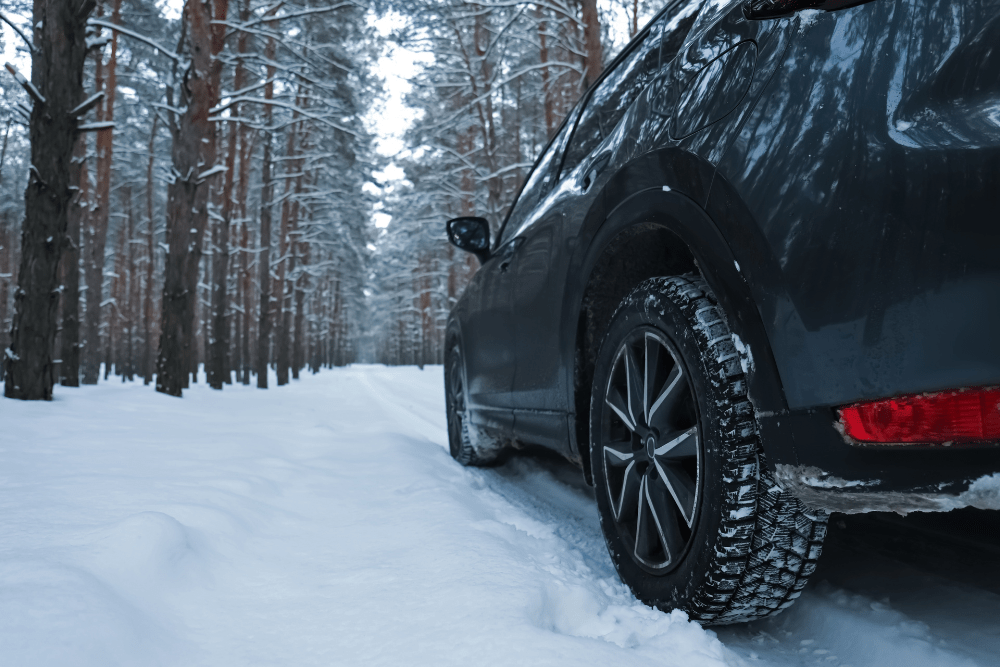 Tackle Tire Wear Before Winter: What You Need to Know. A vehicle driving through a snowy forest with snow-covered tires.